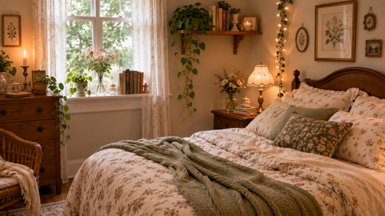 Cozy whimsical bedroom with floral bedding, warm lighting, plants and vintage-inspired decor