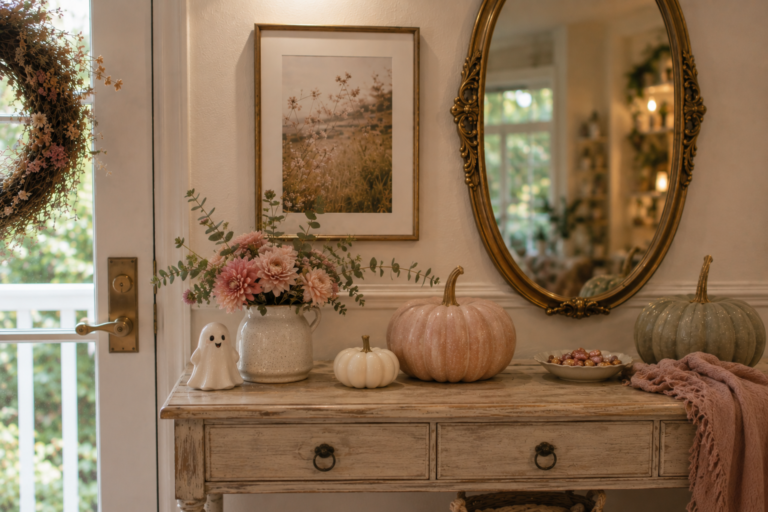 Pastel Halloween decor with pink and sage pumpkins, flowers and a small ghost on a vintage console table