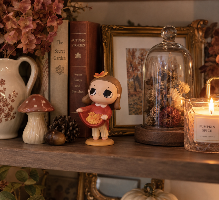 Whimsical fall decor with books, a Nyota figure, mushroom decor and a cozy candle